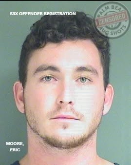 May be an image of text that says 'S3KOFFENDERREGISTRATION S3X OFFENDER REGISTRATION PALM BEЛ PENSORED AUG SHOTS SHOTS MOORE, ERIC'