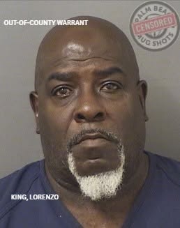 May be an image of text that says 'OUT-OF-COUNTY OUT-OF-COUNTYWARRANT COUNTY WARRANT ALM BEA o ALMBEA CENSORED 4UG SHOTS KING, LORENZO'
