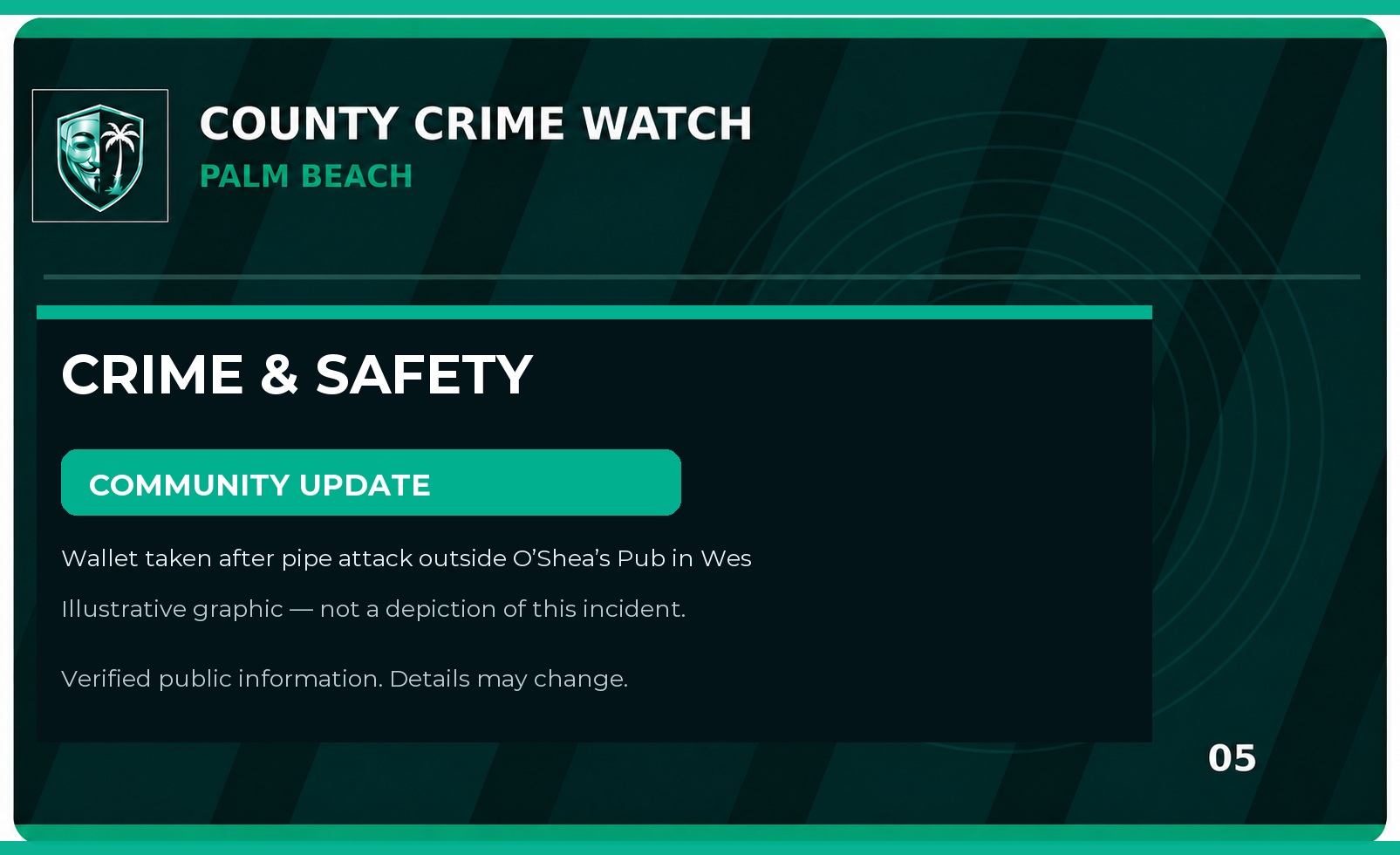 Palm Beach County Crime & Public Safety Update: Wallet taken after pipe attack outside O’Shea’s Pub in West Palm Beach